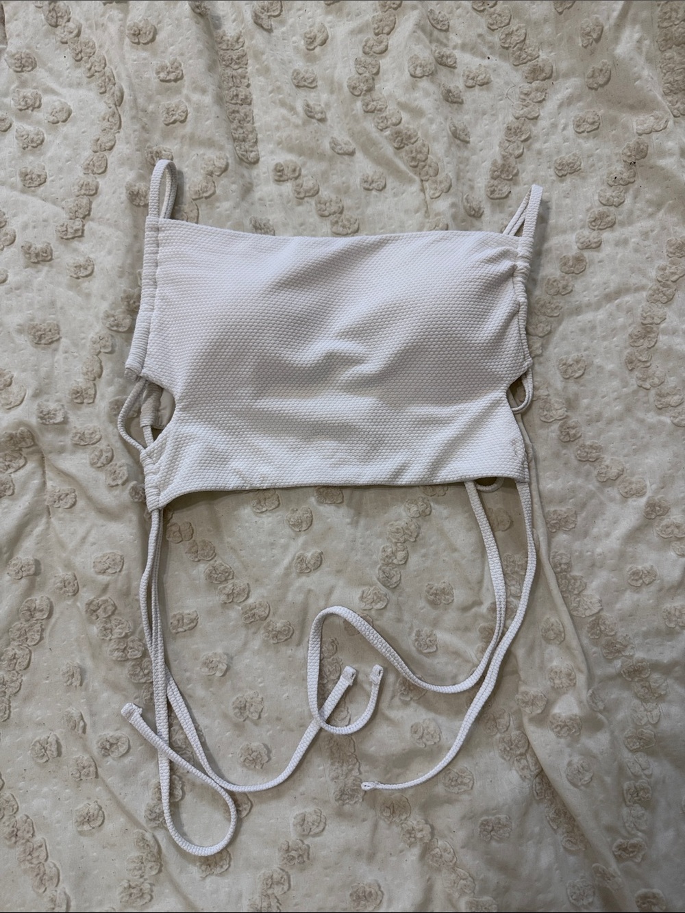 Aerie White Textured bandeau swim Top with Tie Straps